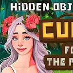 O femeie cu păr lung și flori în păr, zâmbitoare, în fața unui decor de pădure, cu textul Hidden Objects: Cure for the Prince deasupra