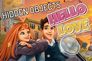 Cuplu vesel ilustrat pe fundalul unui oraș pitoresc cu text „HIDDEN OBJECTS” și „HELLO LOVE”