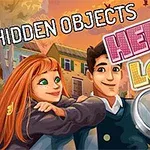 Cuplu vesel ilustrat pe fundalul unui oraș pitoresc cu text „HIDDEN OBJECTS” și „HELLO LOVE”