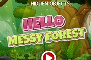 Textul „HELLO MESSY FOREST” este afișat într-un cadru de pădure desenat, cu un copac mare și vegetație abundentă, alături de un buton roșu de play