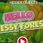 Textul „HELLO MESSY FOREST” este afișat într-un cadru de pădure desenat, cu un copac mare și vegetație abundentă, alături de un buton roșu de play