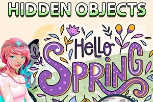 Fată cu păr roz alături de textul Hello Spring înconjurat de flori stilizate