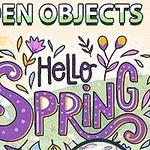 Fată cu păr roz alături de textul Hello Spring înconjurat de flori stilizate