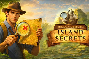 Explorator cu pălărie ținând o hartă și o lupă, lângă un panou de lemn cu textul „Island Secrets pe fundal de insulă tropicală