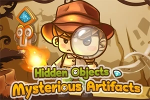 Personaj desenat în stil animat ținând o lanternă și o lupă, înconjurat de elemente misterioase și textul Hidden Objects Mysterious Artifacts