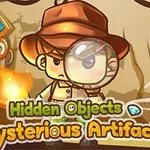 Personaj desenat în stil animat ținând o lanternă și o lupă, înconjurat de elemente misterioase și textul Hidden Objects Mysterious Artifacts