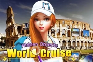 O tânără cu păr roșcat poartă o șapcă albă în fața Colosseumului, cu titlul Hidden Objects World Cruise în partea de jos