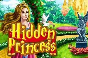 Prințesă cu coroana din aur într-o grădină plină de verdeață și flori, cu un castel în fundal și o statuie de piatră