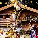 Scenă de naștere cu figuri religioase într-un grajd tradițional, sub un cer înstelat