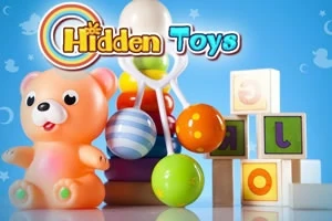 Jucării colorate, inclusiv un ursuleț de pluș, mingi colorate, cuburi și un panou cu textul Hidden Toys pe un fundal albastru
