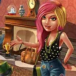 O tânără cu păr roz și galben stă într-o cameră decorată elegant, arătând spre un șemineu cu obiecte diverse pe masă și în jur