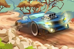 Mașină albastră cu motor supradimensionat, conducând pe un drum de pământ cu copaci în fundal