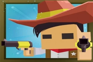 Personaj stilizat de cowboy cu pălărie mare și revolver, în stil grafic simplificat
