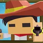Personaj stilizat de cowboy cu pălărie mare și revolver, în stil grafic simplificat