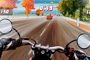 Perspectivă din spatele unui motociclist pe o șosea într-un peisaj de toamnă cu copaci colorati în stânga și dreapta, afișând un cronometru și viteza