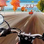 Perspectivă din spatele unui motociclist pe o șosea într-un peisaj de toamnă cu copaci colorati în stânga și dreapta, afișând un cronometru și viteza