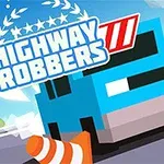 Un desen animat cu mașini pe autostradă, un con de trafic portocaliu și un logo mare cu text alb pe fundal albastru