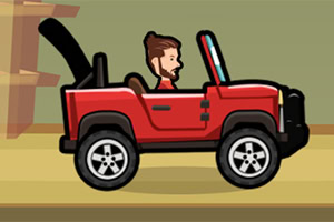 Bărbat cu barbă într-un jeep roșu pe un fundal maro