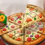 Un platou cu o pizza tăiată în felii, decorată cu diverse ingrediente, și un logo cu un hipopotam îmbrăcat în bucătar