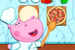 Un hipopotam roz, îmbrăcat în bucătar, pregătește o pizza pe un blat de lemn, cu o lingură de lemn în mână