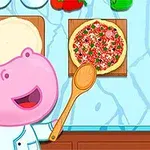Un hipopotam roz, îmbrăcat în bucătar, pregătește o pizza pe un blat de lemn, cu o lingură de lemn în mână