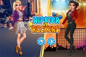 Două personaje îmbrăcate diferit, unul în stil hipster și celălalt în stil rocker, cu un fundal de oraș și scena unui concert
