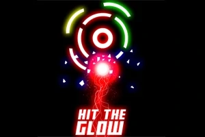 Cercuri concentrice luminoase în culori neon pe un fundal negru, cu textul Hit the Glow dedesubt