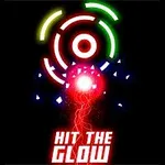 Cercuri concentrice luminoase în culori neon pe un fundal negru, cu textul Hit the Glow dedesubt