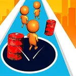 Trei personaje stilizate, de culoare portocalie, alergând pe un drum albastru, între două butoaie roșii, cu fond de oraș portocaliu