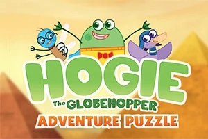 Trei personaje animate zâmbitoare într-un fundal colorat cu textul Hogie the Globehopper Adventure Puzzle