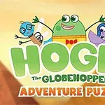 Trei personaje animate zâmbitoare într-un fundal colorat cu textul Hogie the Globehopper Adventure Puzzle