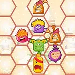 Creaturi colorate cu expresii faciale amuzante sunt aranjate pe un fundal de fagure hexagonal, pe un decor de iarnă