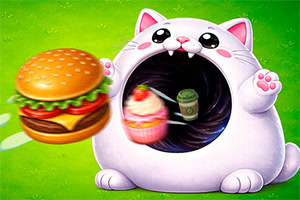 Pisică albă pufoasă cu gura larg deschisă, ținând un burger și o brioșă pe fundal verde
