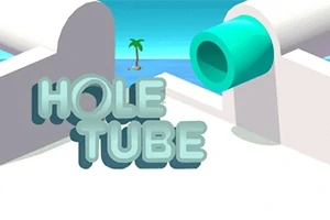 Text 3D „HOLE TUBE” pe un fundal cu un peisaj tropical și un tub verde