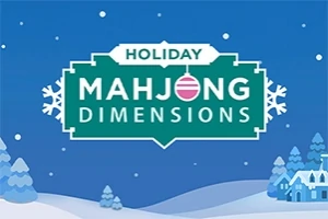 O ilustratie cu un fundal de iarnă albastru, cu brazi înzăpeziți și case, având textul Holiday Mahjong Dimensions decorat cu fulgi de zăpadă