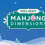 O ilustratie cu un fundal de iarnă albastru, cu brazi înzăpeziți și case, având textul Holiday Mahjong Dimensions decorat cu fulgi de zăpadă