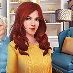 Trei personaje într-un living elegant, cu o femeie roșcată în prim-plan și un cuplu de vârstnici în fundal