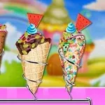 Trei cornete de înghețată decorate cu frișcă și felii de pepene roșu, având un fundal colorat cu un curcubeu și forme de clădiri inspirate din turtă dulce