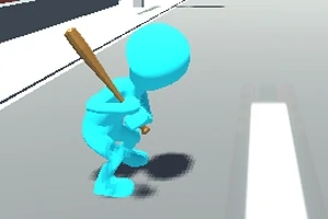 Personaj albastru stilizat cu o bâtă de baseball în mână pe o stradă virtuală