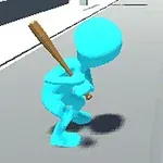 Personaj albastru stilizat cu o bâtă de baseball în mână pe o stradă virtuală
