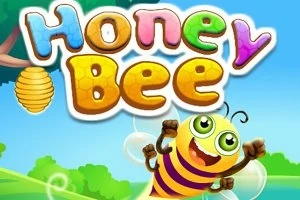 Albine veselă cu ochi mari și zâmbet larg sub un titlu colorat „Honey Bee” pe fundal de natură