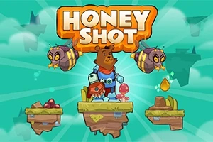 Honey Shot Ursuleț purtând un costum albastru și un pistol cu miere, flancat de două albine mari, pe platforme plutitoare în fața unui fundal albastru-verzui cu logo-ul Honey Shot deasupra