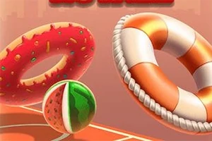 Un colac de salvare portocaliu și alb, o gogoașă cu glazură roșie și o minge care seamănă cu o pepene verde, pe un fundal portocaliu