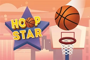 Ilustrație cu o minge de baschet în aer lângă un coș, pe fundal fiind un cer portocaliu și o stea violet cu inscripția Hoop Star