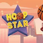Ilustrație cu o minge de baschet în aer lângă un coș, pe fundal fiind un cer portocaliu și o stea violet cu inscripția Hoop Star
