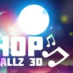 Un titlu cu textul HOP BALLZ 3D în fața unui fundal luminos cu o bilă albă și note muzicale