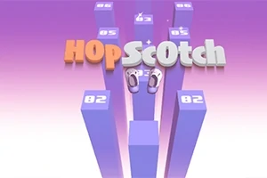 Text 3D colorat „HopScotch” pe un fundal violet cu coloane numerotate și două picioare animate pe coloana centrală