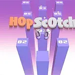 Text 3D colorat „HopScotch” pe un fundal violet cu coloane numerotate și două picioare animate pe coloana centrală