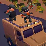 Două personaje înarmate stau pe un vehicul, în timp ce numeroși zombi îi urmăresc