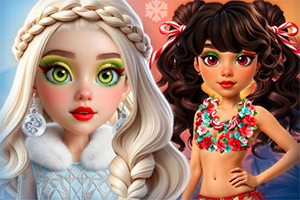 Două personaje feminine stilizate, una blondă cu coroniță împletită și ținută de iarnă, cealaltă brunetă cu fundițe roșii și top floral